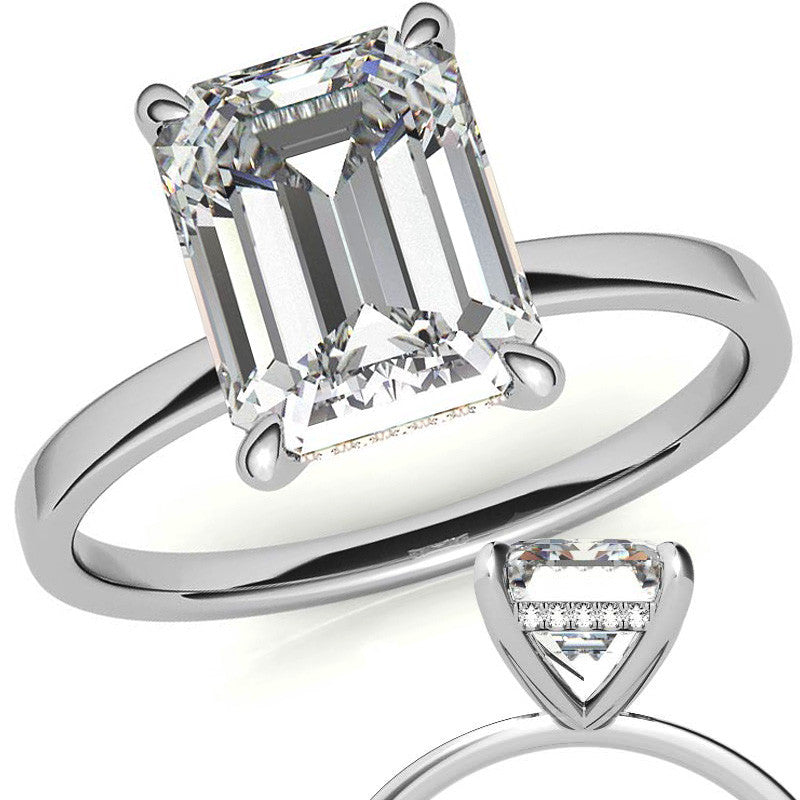 Petite Emerald / Radiant Moissanite Engagement Ring with Hidden Halo