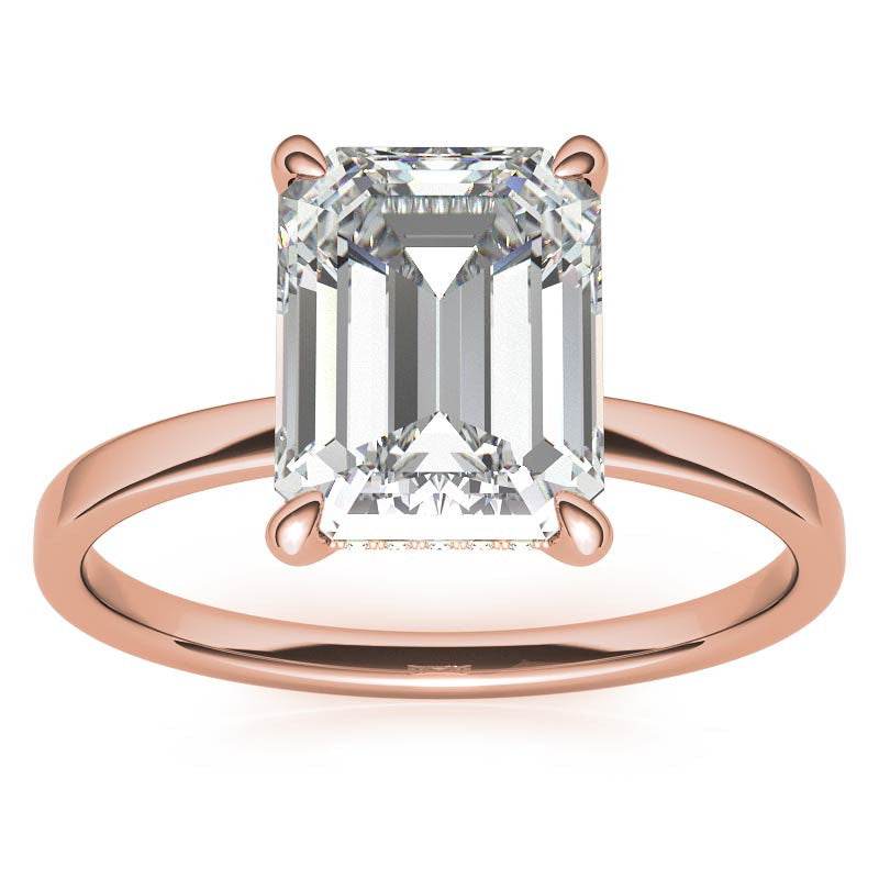 Petite Emerald / Radiant Moissanite Engagement Ring with Hidden Halo