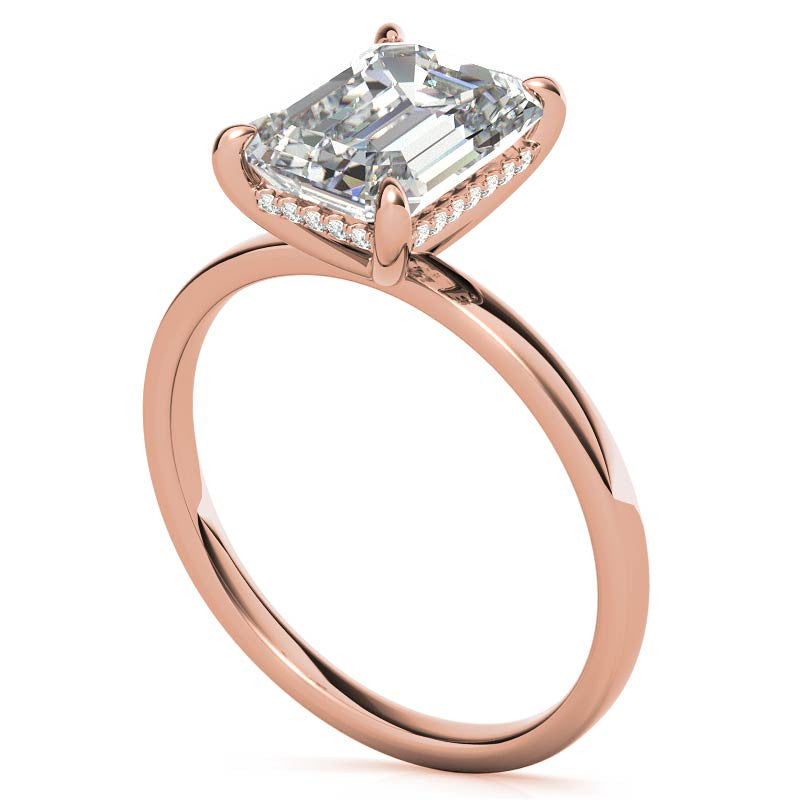 Petite Emerald / Radiant Moissanite Engagement Ring with Hidden Halo