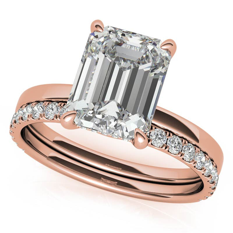 Petite Emerald / Radiant Moissanite Engagement Ring with Hidden Halo