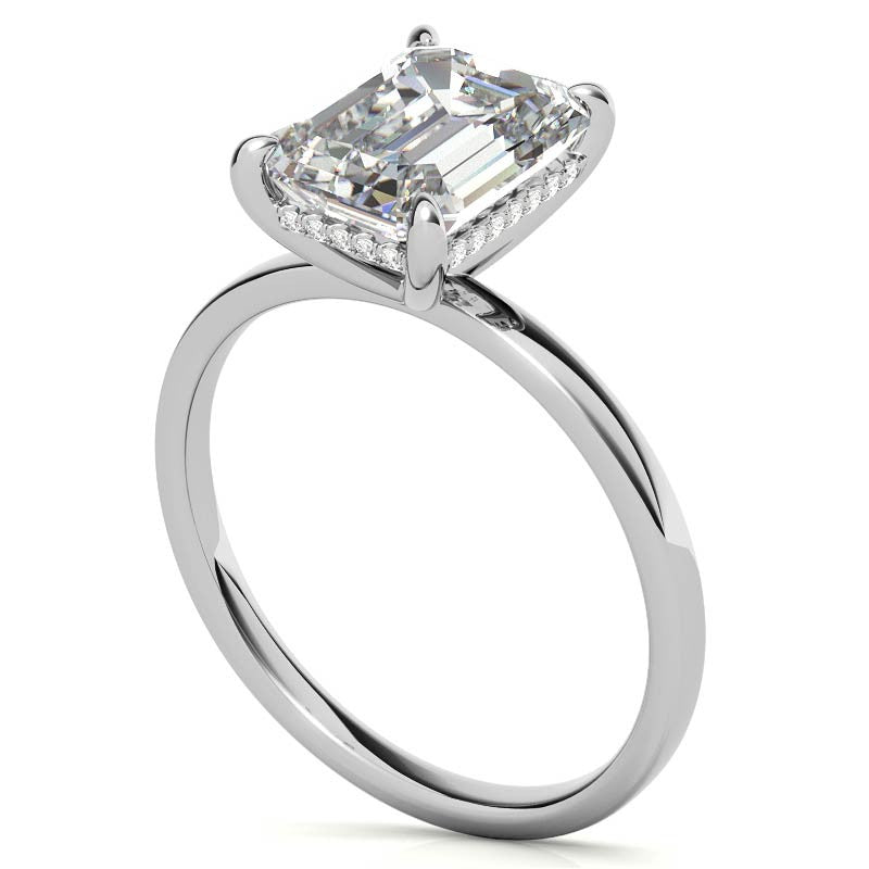 Petite Emerald / Radiant Moissanite Engagement Ring with Hidden Halo