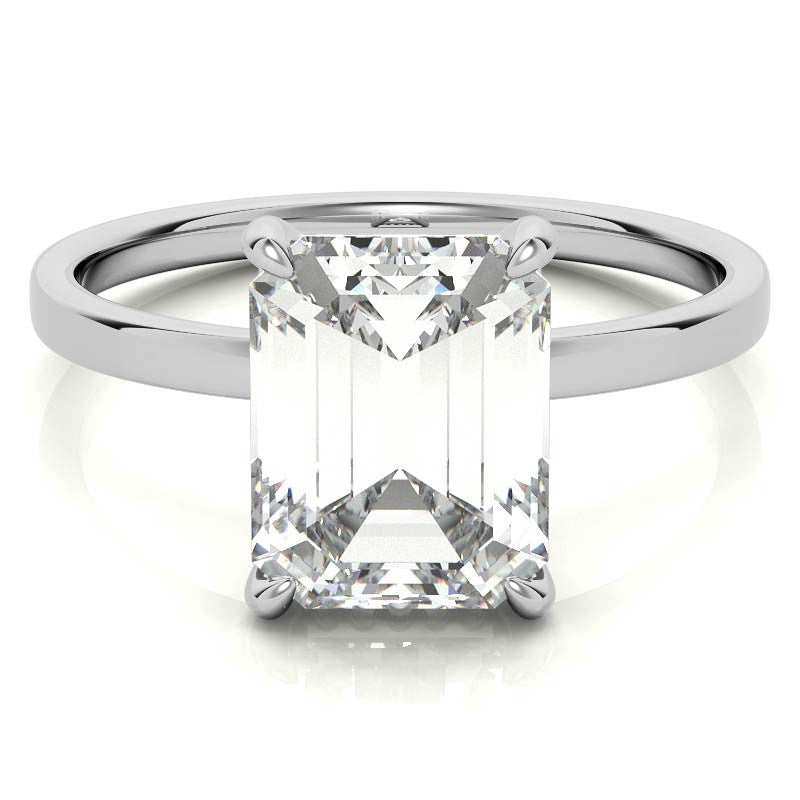 Petite Emerald / Radiant Moissanite Engagement Ring with Hidden Halo