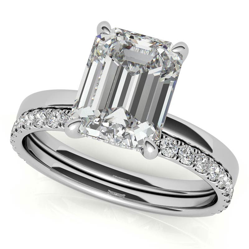 Petite Emerald / Radiant Moissanite Engagement Ring with Hidden Halo