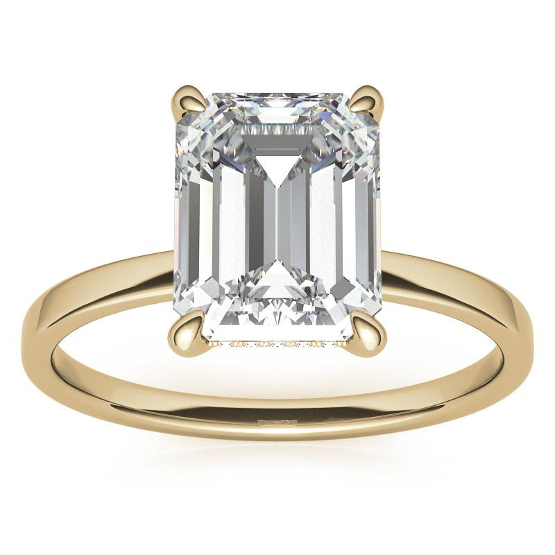 Petite Emerald / Radiant Moissanite Engagement Ring with Hidden Halo
