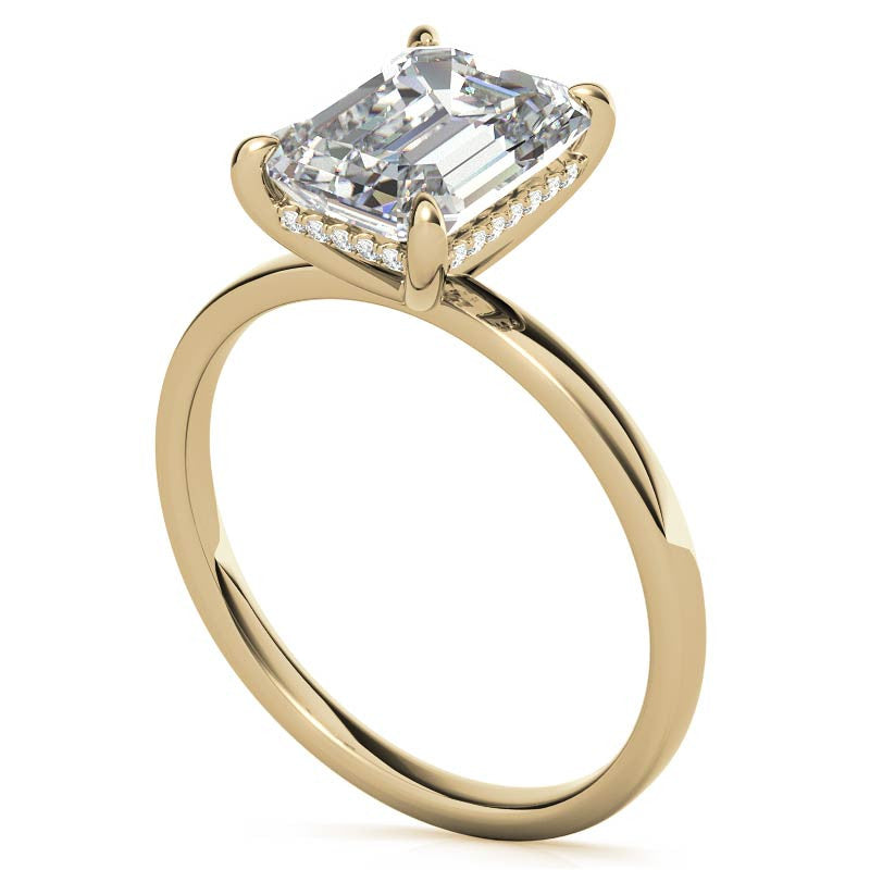 Petite Emerald / Radiant Moissanite Engagement Ring with Hidden Halo