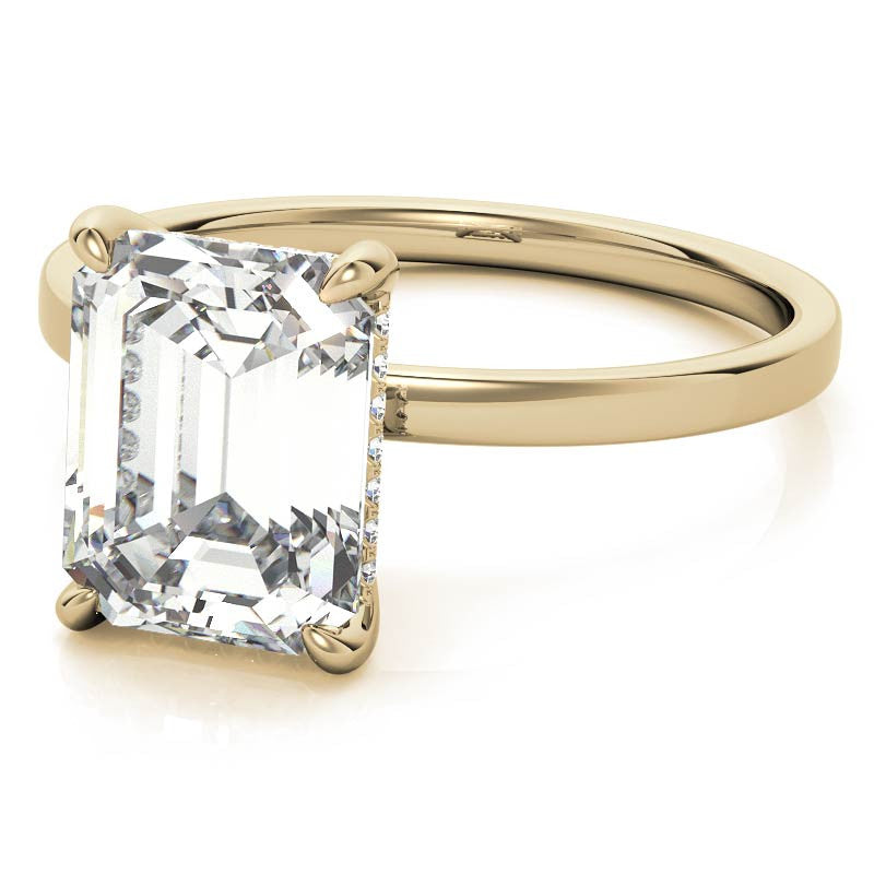 Petite Emerald / Radiant Moissanite Engagement Ring with Hidden Halo