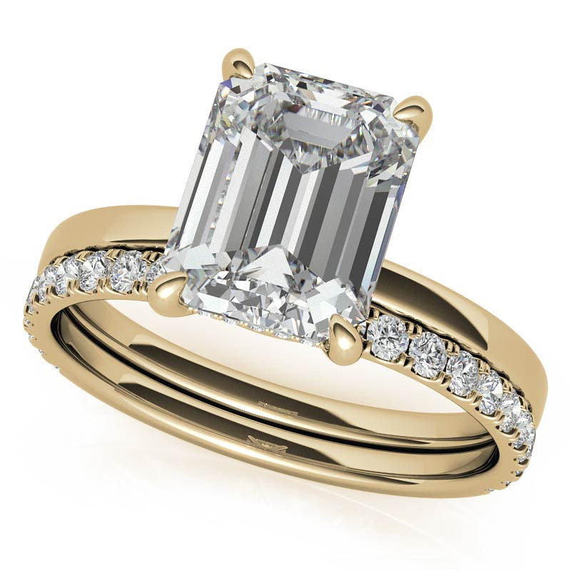 Petite Emerald / Radiant Moissanite Engagement Ring with Hidden Halo