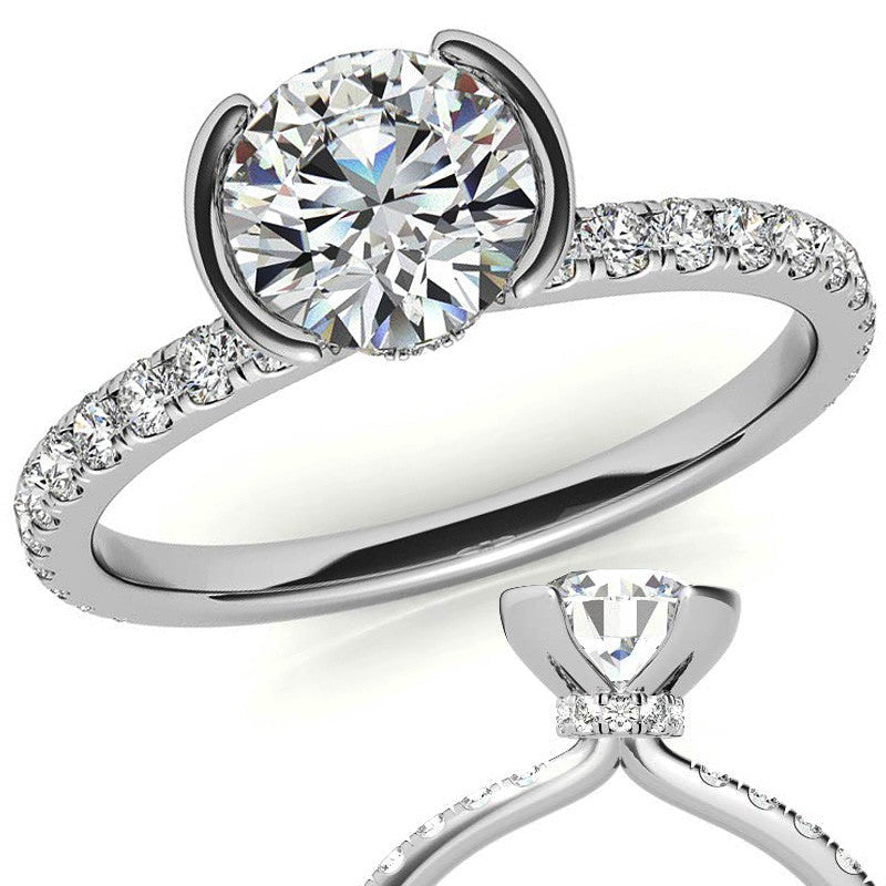 Round Half-Bezel Moissanite Engagement Ring with Diamond Collar