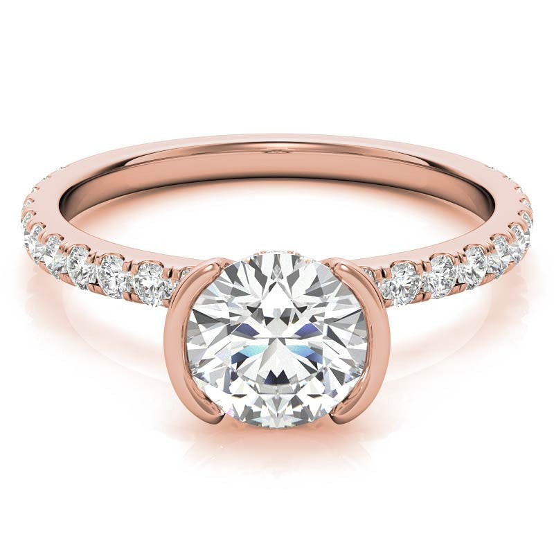 Round Half-Bezel Moissanite Engagement Ring with Diamond Collar