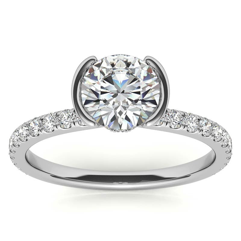 Round Half-Bezel Moissanite Engagement Ring with Diamond Collar