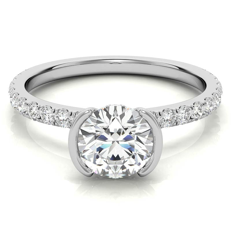Round Half-Bezel Moissanite Engagement Ring with Diamond Collar