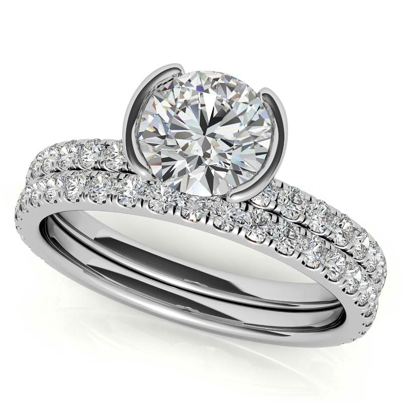 Round Half-Bezel Moissanite Engagement Ring with Diamond Collar