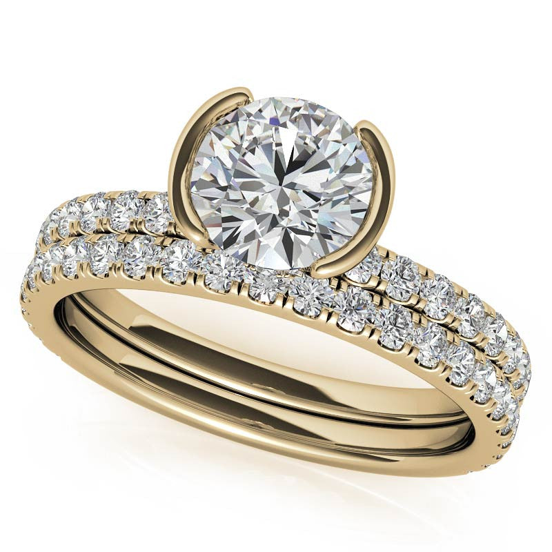 Round Half-Bezel Moissanite Engagement Ring with Diamond Collar