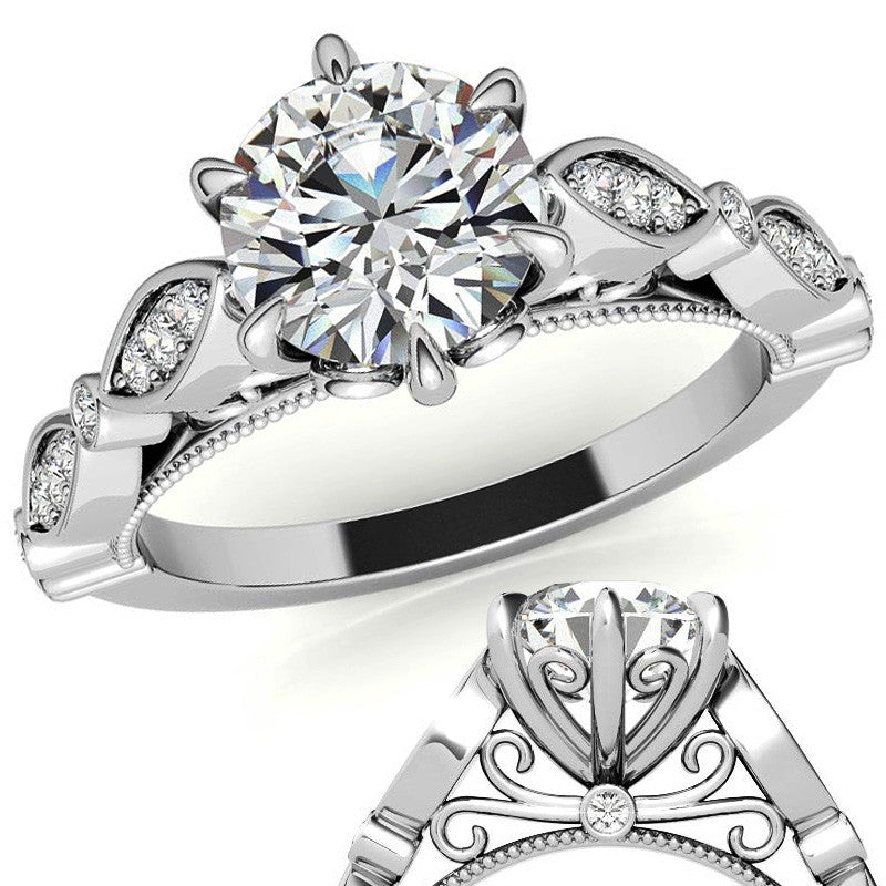 6-Prong Round Brilliant Moissanite Cathedral Engagement Ring with Scalloped Bands