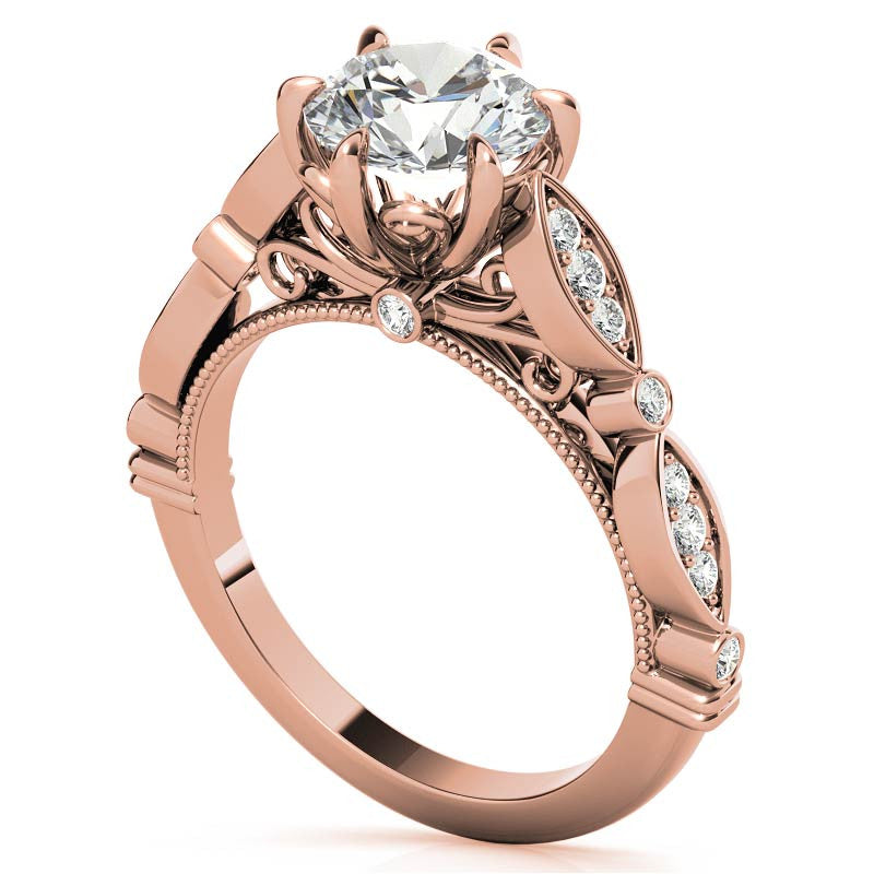 6-Prong Round Brilliant Moissanite Cathedral Engagement Ring with Scalloped Bands