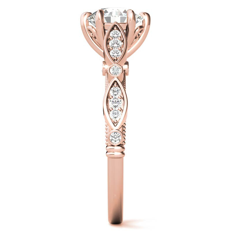 6-Prong Round Brilliant Moissanite Cathedral Engagement Ring with Scalloped Bands