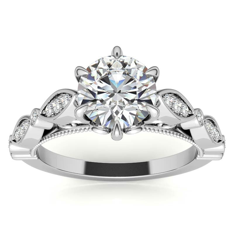 6-Prong Round Brilliant Moissanite Cathedral Engagement Ring with Scalloped Bands
