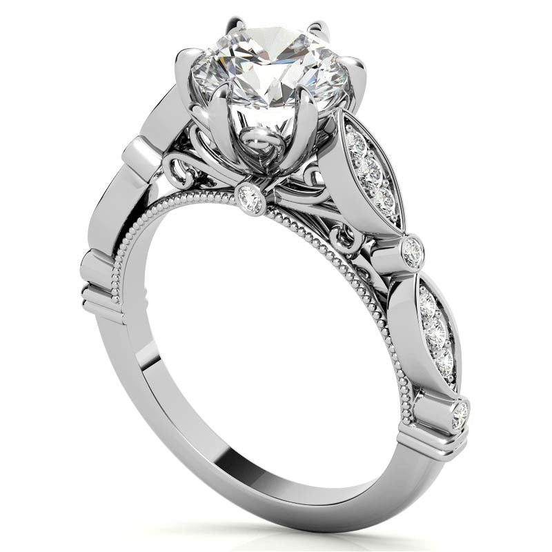 6-Prong Round Brilliant Moissanite Cathedral Engagement Ring with Scalloped Bands