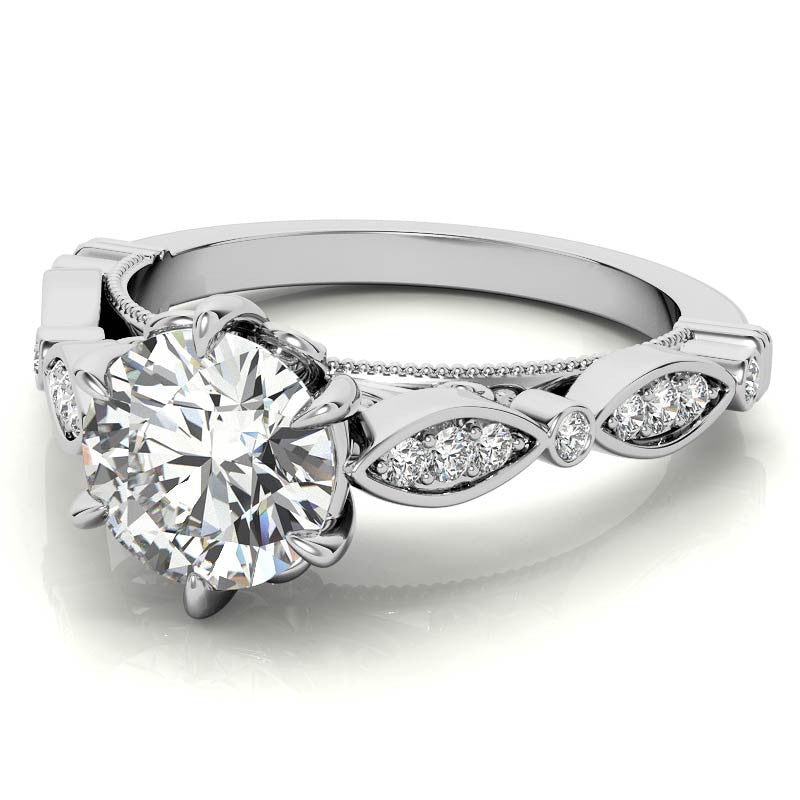 6-Prong Round Brilliant Moissanite Cathedral Engagement Ring with Scalloped Bands