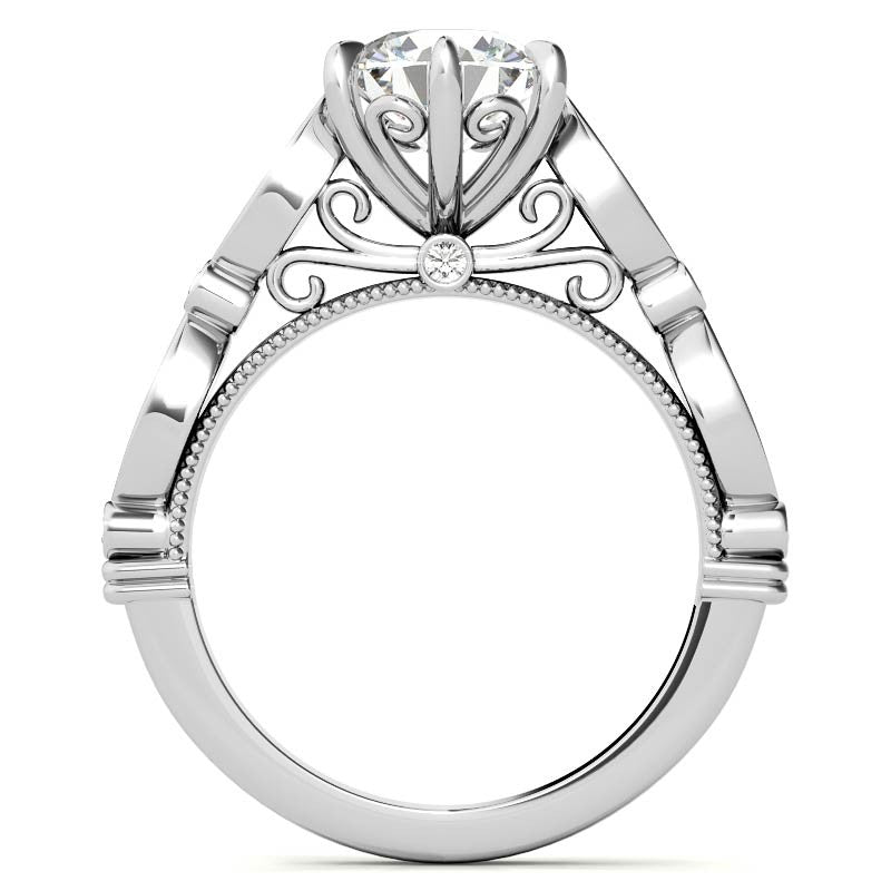6-Prong Round Brilliant Moissanite Cathedral Engagement Ring with Scalloped Bands