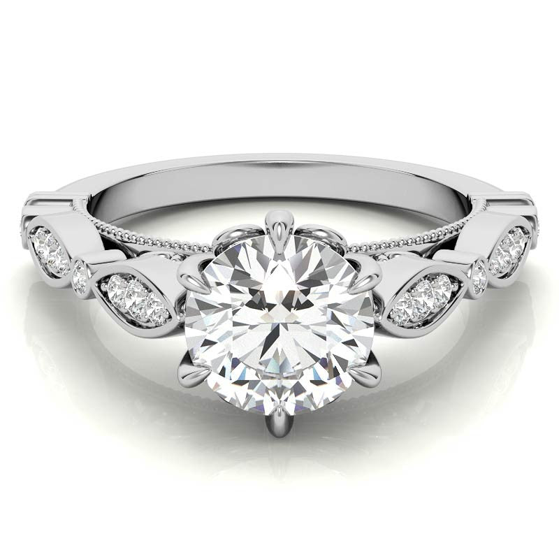 6-Prong Round Brilliant Moissanite Cathedral Engagement Ring with Scalloped Bands