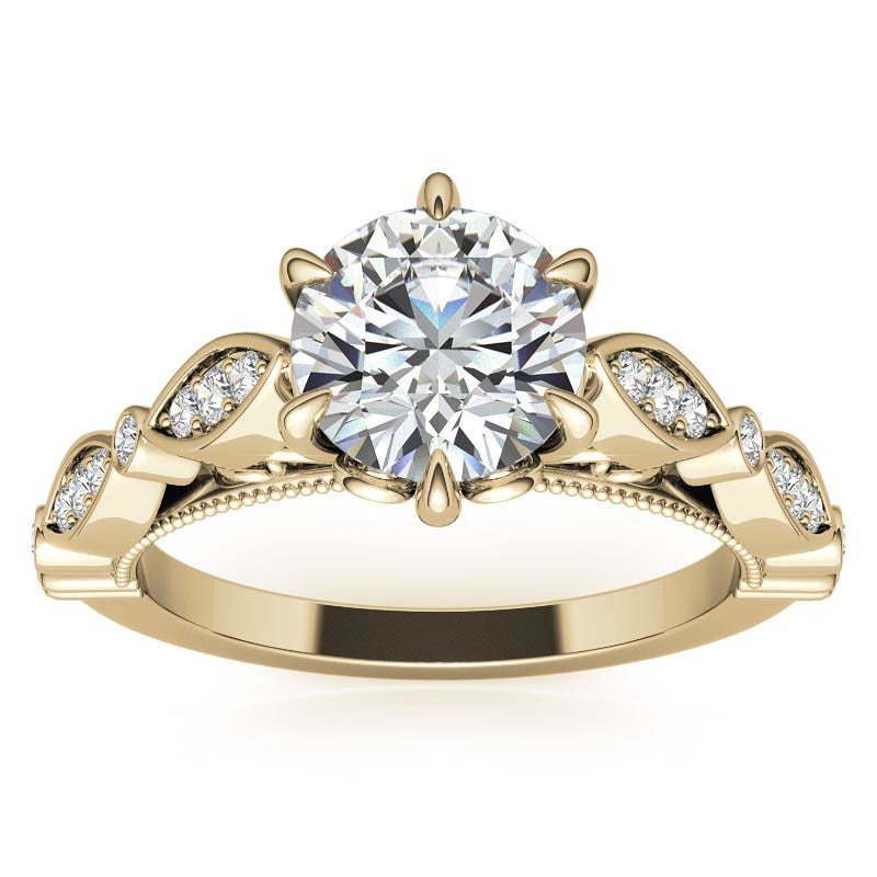 6-Prong Round Brilliant Moissanite Cathedral Engagement Ring with Scalloped Bands