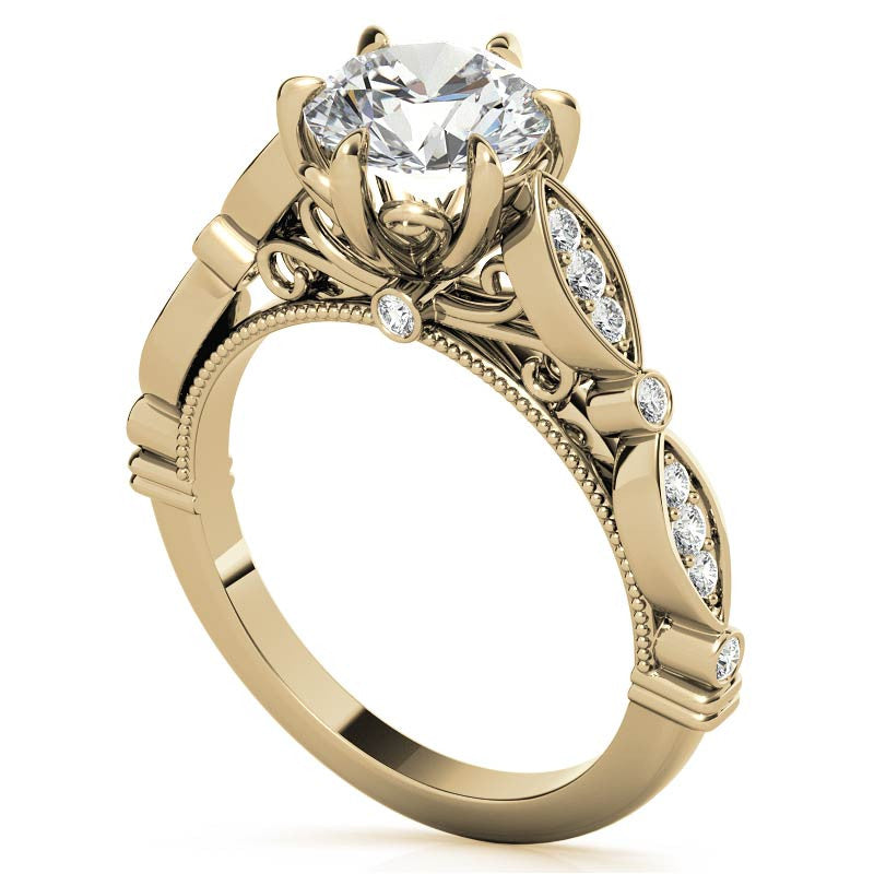6-Prong Round Brilliant Moissanite Cathedral Engagement Ring with Scalloped Bands