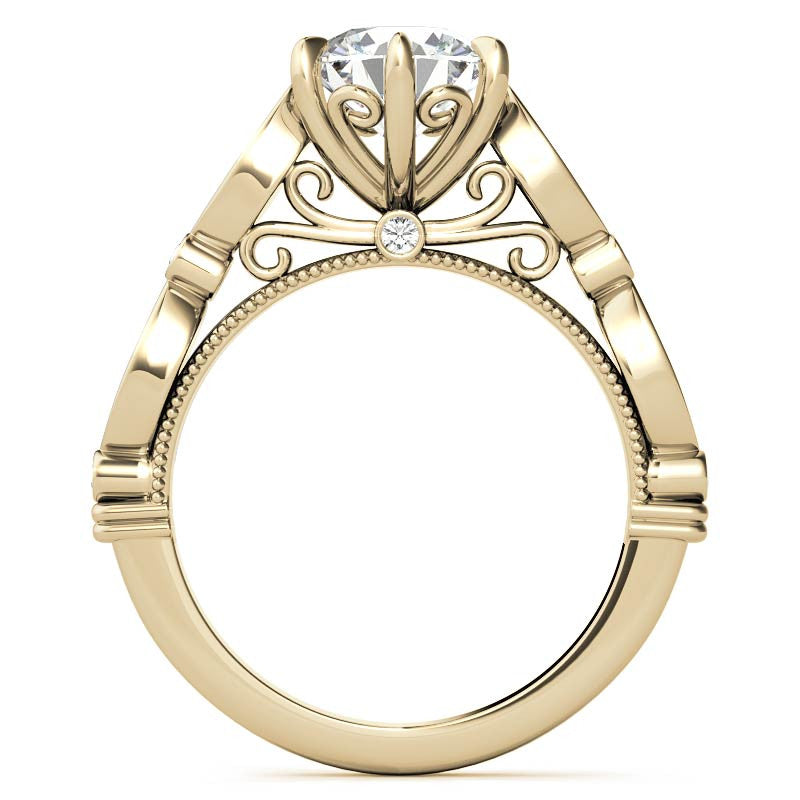 6-Prong Round Brilliant Moissanite Cathedral Engagement Ring with Scalloped Bands