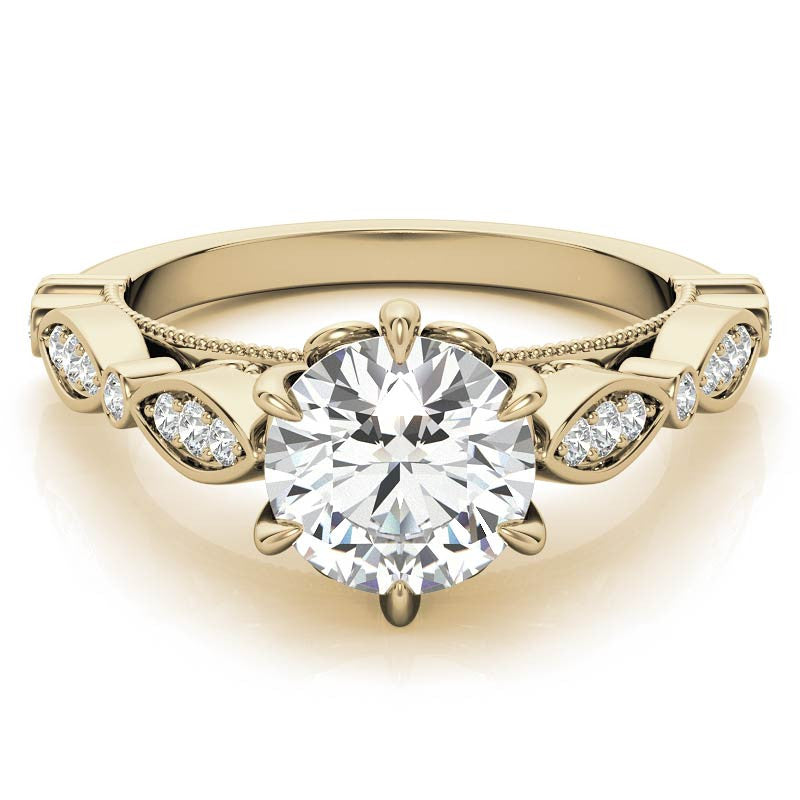 6-Prong Round Brilliant Moissanite Cathedral Engagement Ring with Scalloped Bands