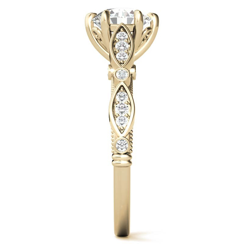 6-Prong Round Brilliant Moissanite Cathedral Engagement Ring with Scalloped Bands