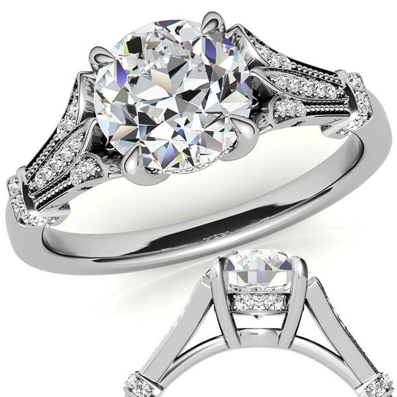 Antique Style Round Brilliant Moissanite Engagement Ring