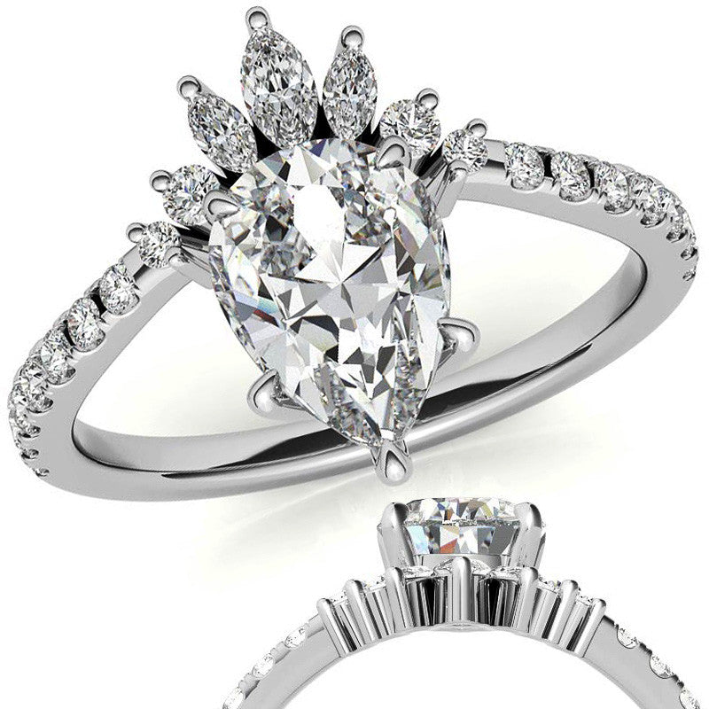 Unique Pear and Marquise Accented Moissanite Engagement Ring