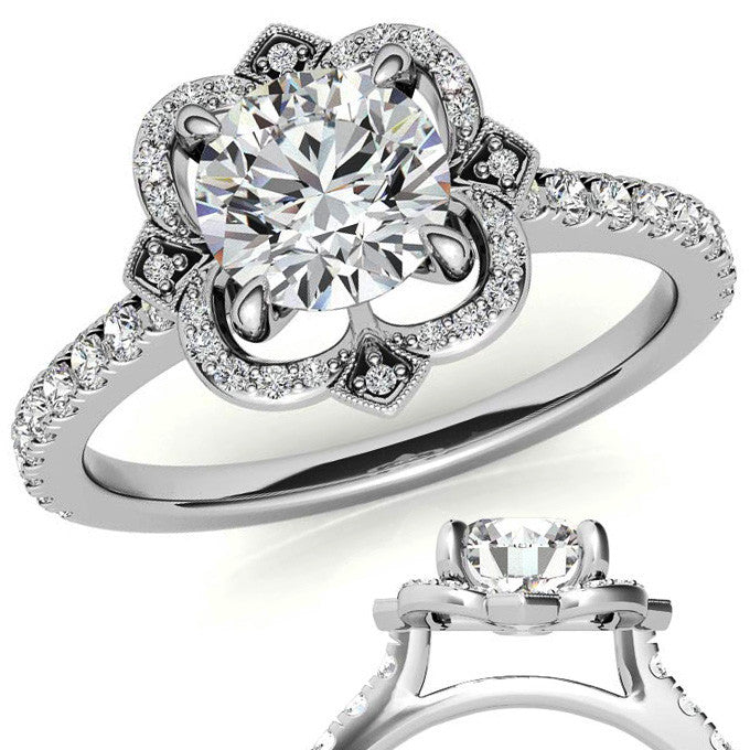 Round Scalloped Halo Moissanite Engagement Ring with Milgrain Accents