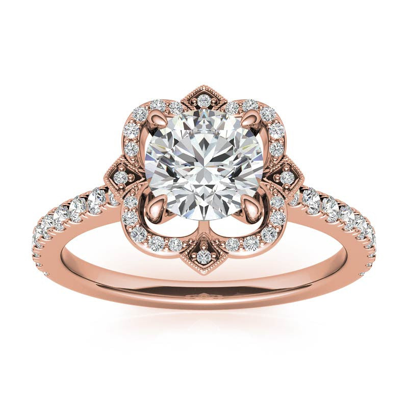 Round Scalloped Halo Moissanite Engagement Ring with Milgrain Accents