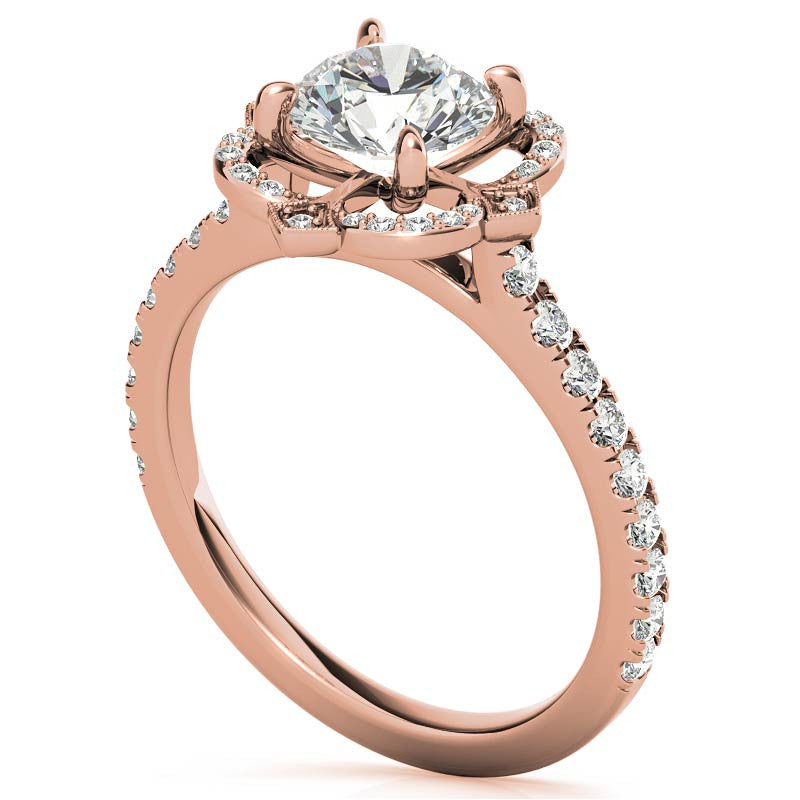 Round Scalloped Halo Moissanite Engagement Ring with Milgrain Accents