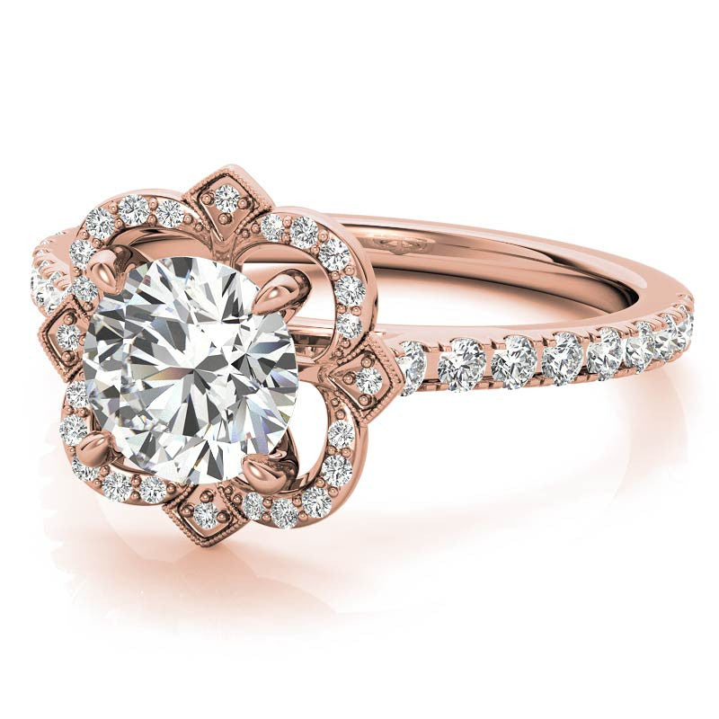 Round Scalloped Halo Moissanite Engagement Ring with Milgrain Accents
