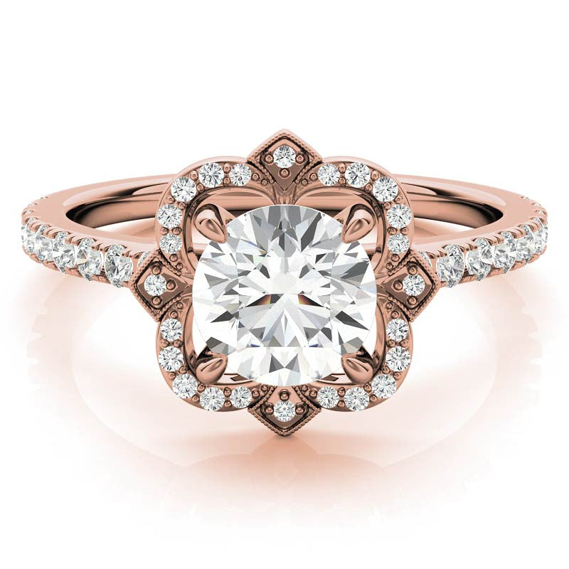 Round Scalloped Halo Moissanite Engagement Ring with Milgrain Accents