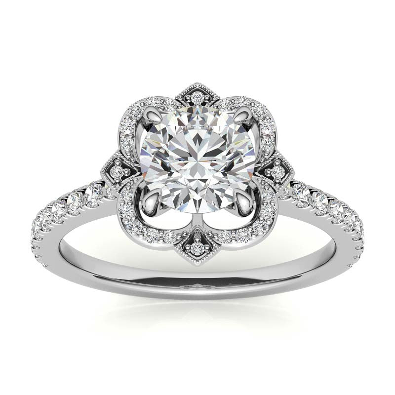 Round Scalloped Halo Moissanite Engagement Ring with Milgrain Accents