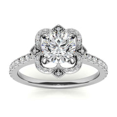 Round Scalloped Halo Moissanite Engagement Ring with Milgrain Accents