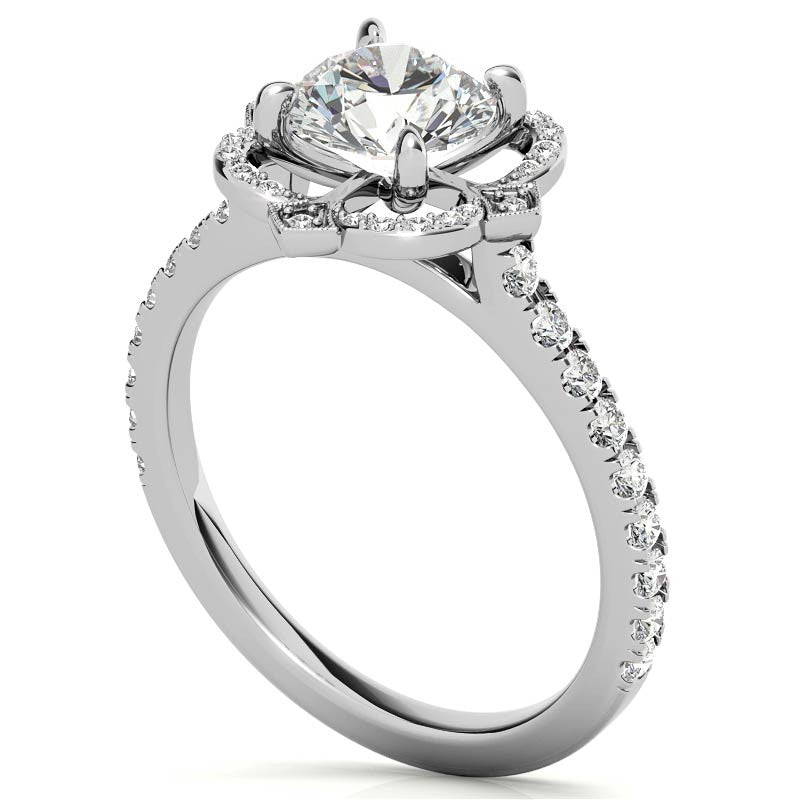 Round Scalloped Halo Moissanite Engagement Ring with Milgrain Accents