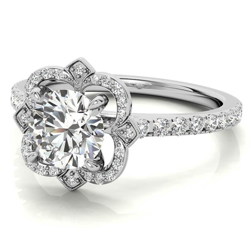 Round Scalloped Halo Moissanite Engagement Ring with Milgrain Accents