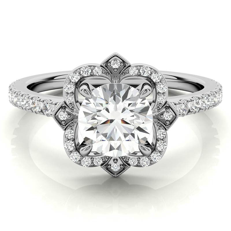 Round Scalloped Halo Moissanite Engagement Ring with Milgrain Accents