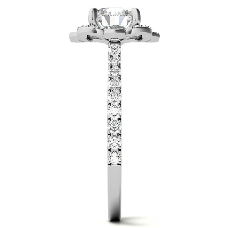 Round Scalloped Halo Moissanite Engagement Ring with Milgrain Accents