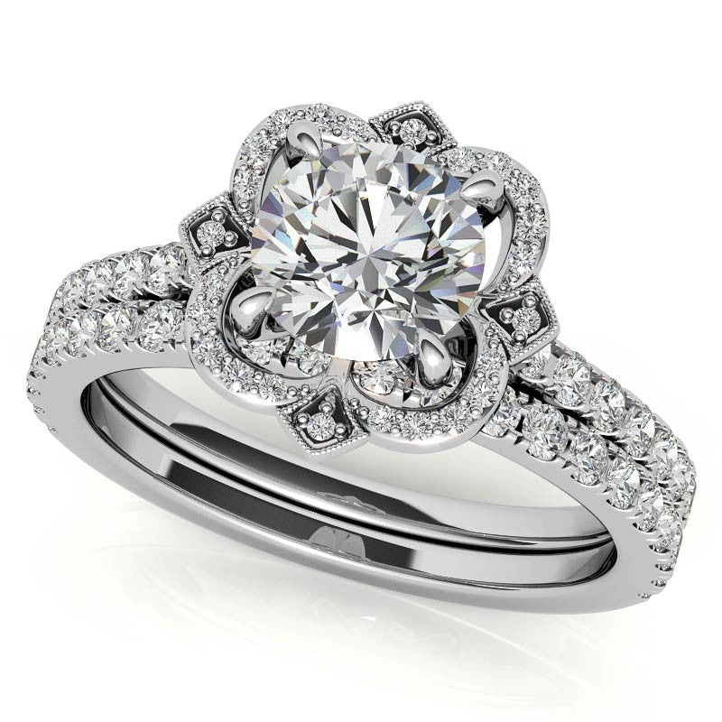 Round Scalloped Halo Moissanite Engagement Ring with Milgrain Accents