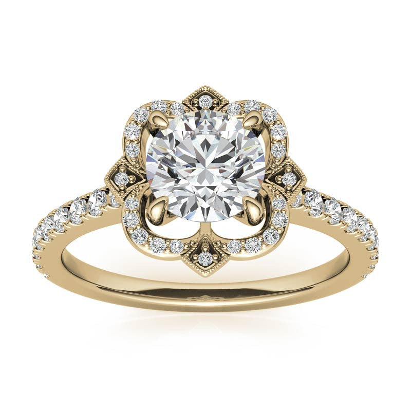 Round Scalloped Halo Moissanite Engagement Ring with Milgrain Accents