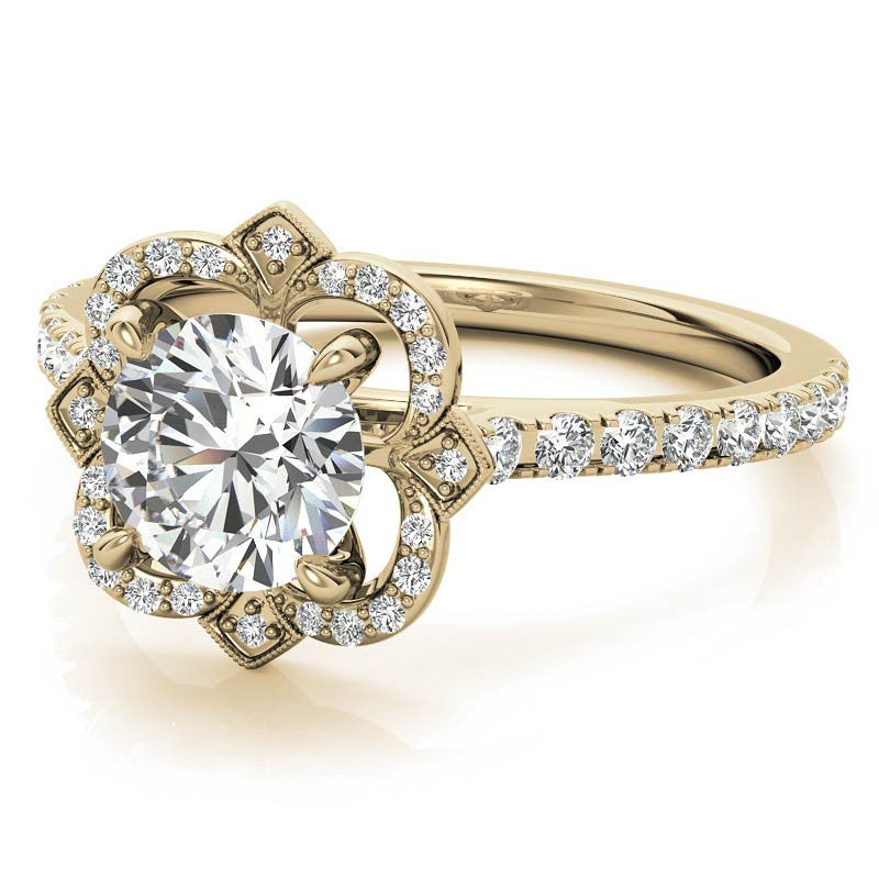 Round Scalloped Halo Moissanite Engagement Ring with Milgrain Accents