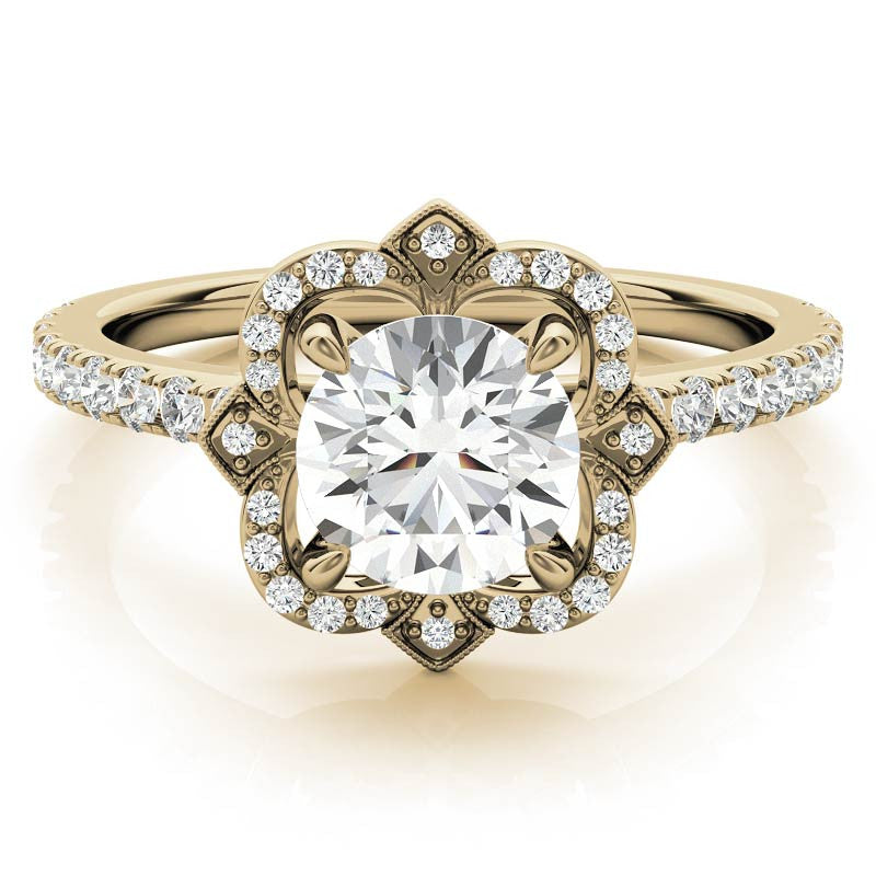 Round Scalloped Halo Moissanite Engagement Ring with Milgrain Accents