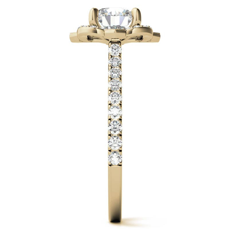 Round Scalloped Halo Moissanite Engagement Ring with Milgrain Accents