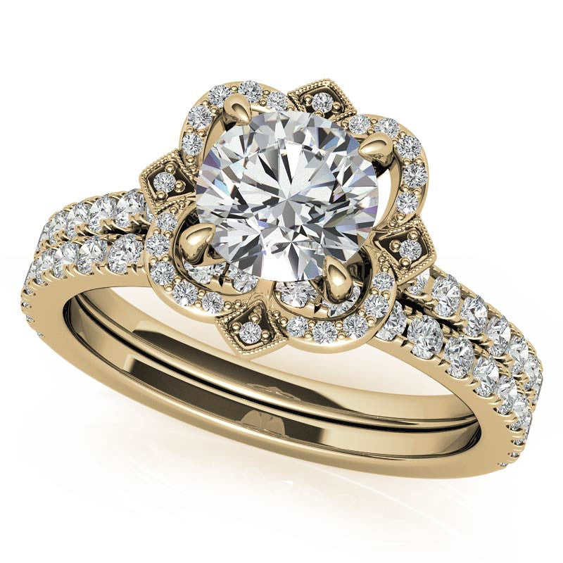 Round Scalloped Halo Moissanite Engagement Ring with Milgrain Accents