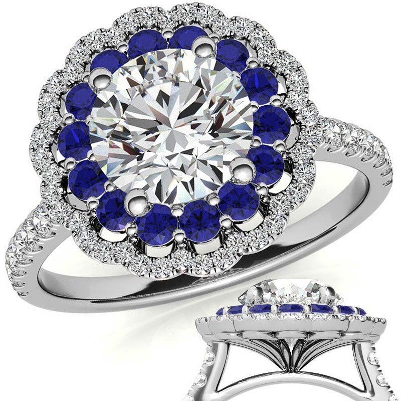 Round Halo Cathedral Moissanite Engagement Ring with Gemstone Accents